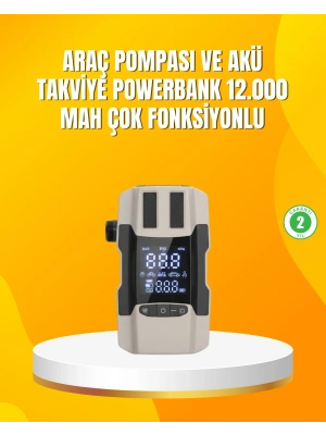 ® 12.000 mAh Akü Takviye Powerbank Dahili Hava Pompalı Dijital Ekranlı