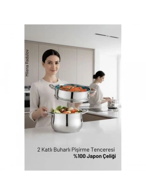 ® 2 Katlı Japon Çeliği Buharlı Pişirme Tenceresi – Sağlıklı Yemek Sanatı