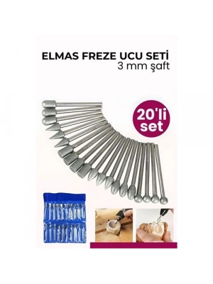 ® 20 Parça Profesyonel Elmas Freze Ucu Seti - 3mm Şaft Gravür, Taş ve Cam İşleme Taşlama Seti