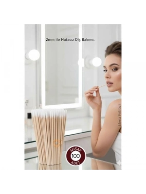 ® 2mm Ucu Pamuklu Ahşap Micro Swab Diş Bakım Çubuğu - 100 Adet Premium Hijyenik Bakım Çubuğu