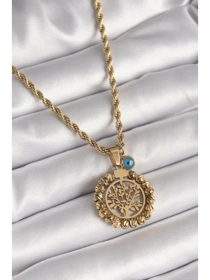 ® 316L Çelik Gold Renk Burgu Zincir Dorika Yaşam Ağacı Figür Nazar Boncuk Detay Kadın Kolye