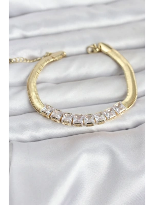 ® 316L Çelik Gold Renk Kare Zirkon Taşlı Yılan Zincirli Kadın Bileklik