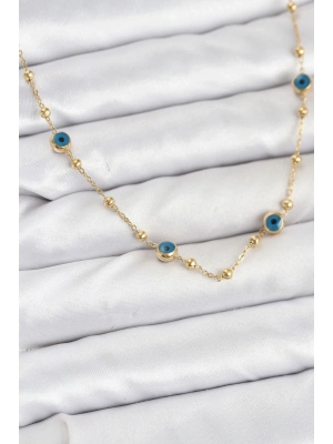 ® 316L Çelik Gold Renk Nazarlı ve Topçuklu Model Kadın Kolye