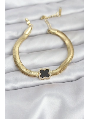 ® 316L Çelik Gold Renk Siyah Yonca Model Zirkon Taşlı Yılan Zincirli Kadın Bileklik