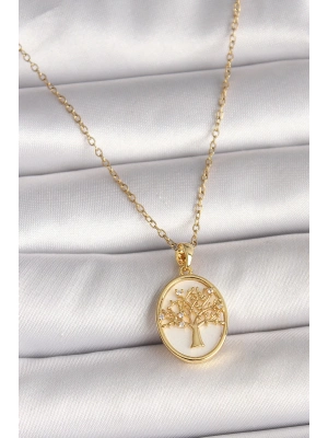 ® 316L Çelik Gold Renk Zincir Zirkon Taş Detaylı Beyaz Mineli Ağaç İşlemeli Portre Model Kadın Kolye