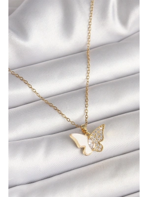® 316L Çelik Gold Renk Zincir Zirkon Taşlı Beyaz Mineli Kelebek Model Kadın Kolye