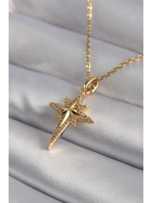 ® 316L Çelik Gold Renk Zirkon Taşlı Kutup Yıldızı Model Kadın Kolye
