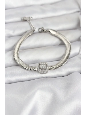 ® 316L Çelik Gümüş Renk Baget Zirkon Taşlı Yılan Zincirli Kadın Bileklik