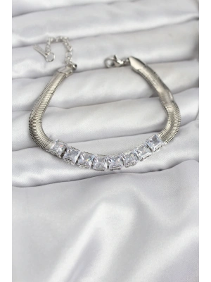 ® 316L Çelik Gümüş Renk Kare Zirkon Taşlı Yılan Zincirli Kadın Bileklik