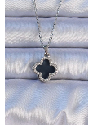 ® 316L Çelik Gümüş Renk Siyah Mineli Zirkon Taşlı Yonca Figürlü Kolye