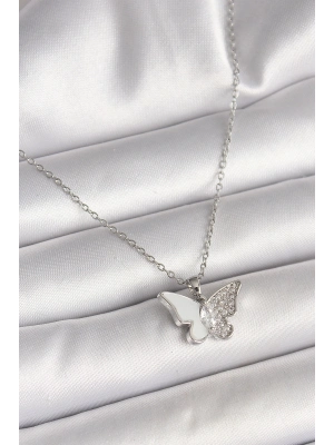 ® 316L Çelik Gümüş Renk Zincir Zirkon Taşlı Beyaz Mineli Kelebek Model Kadın Kolye