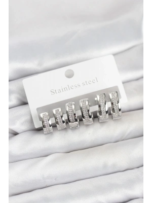 ® 316L Çelik Gümüş Renk Zirkon Taşlı Halka Küpe Seti