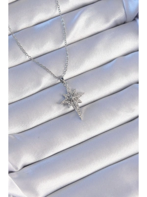 ® 316L Çelik Gümüş Renk Zirkon Taşlı Kutup Yıldızı Model Kolye