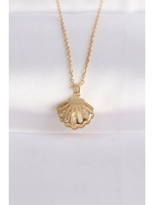 ® 316L Çelik Zincir Altın Renk Zirkon Taşlı İnci Detay İstiridye Kolye