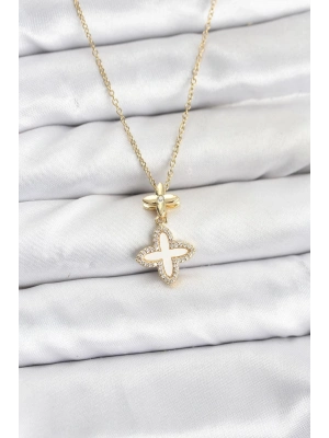 ® 316L Çelik Zincir Gold Renk 4 Yapraklı Yonca Model Zirkon Taşlı Kadın Kolye