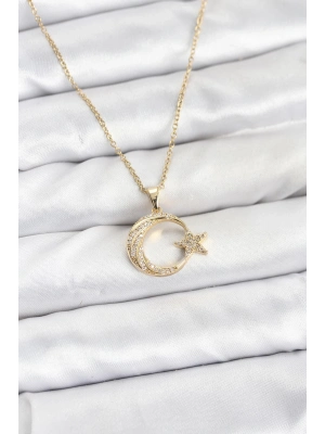 ® 316L Çelik Zincir Gold Renk Ay Yıldız Model Zirkon Taşlı Kadın Kolye