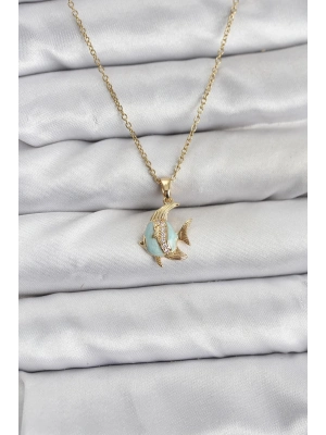 ® 316L Çelik Zincir Gold Renk Balık Model Zirkon Taşlı Kadın Kolye