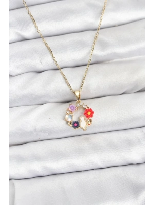 ® 316L Çelik Zincir Gold Renk Çiçekli Kedili Model Kadın Kolye