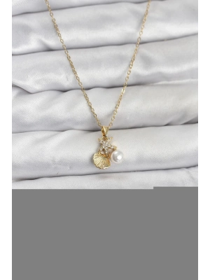 ® 316L Çelik Zincir Gold Renk Deniz Kabuğu ve Deniz Yıldızı Model Zirkon Taşlı Kadın Kolye
