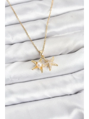 ® 316L Çelik Zincir Gold Renk Deniz Yıldızı Model Zirkon Taşlı Kadın Kolye