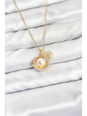 ® 316L Çelik Zincir Gold Renk İncili Deniz Kabuğu Model Zirkon Taşlı Kadın Kolye