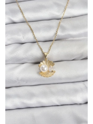® 316L Çelik Zincir Gold Renk İstiridye İnci Model Zirkon Taşlı Kadın Kolye