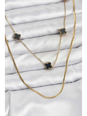 ® 316L Çelik Zincir Gold Renk İtalyan Zincirli Siyah Yonca Model Kadın Kolye