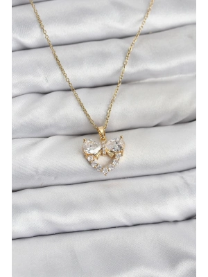 ® 316L Çelik Zincir Gold Renk Kalp ve Fiyonk Model Zirkon Taşlı Kadın Kolye