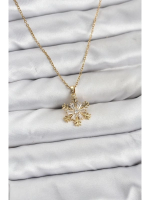 ® 316L Çelik Zincir Gold Renk Kar Tanesi Model Zirkon Taşlı Kadın Kolye