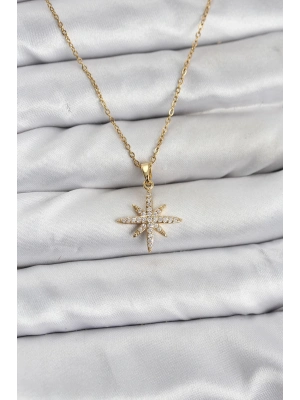 ® 316L Çelik Zincir Gold Renk Kutup Yıldızı Model Zirkon Taşlı Kadın Kolye