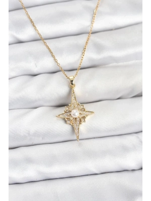 ® 316L Çelik Zincir Gold Renk Kutup Yıldızı Model Zirkon Taşlı Kadın Kolye