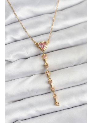 ® 316L Çelik Zincir Gold Renk Pembe Kalp Kadın Kolye