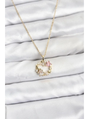 ® 316L Çelik Zincir Gold Renk Pembe Taş Detaylı Çelenk Model Kadın Kolye