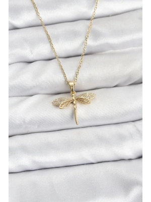 ® 316L Çelik Zincir Gold Renk Yusufçuk Model Zirkon Taşlı Kadın Kolye