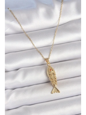 ® 316L Çelik Zincir Gold Renk Zirkon Taşlı Balık Figürlü Kolye