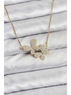 ® 316L Çelik Zincir Gold Renk Zirkon Taşlı Kelebek Model Kadın Kolye