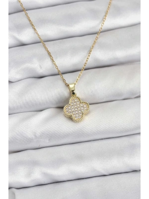 ® 316L Çelik Zincir Gold Renk Zirkon Taşlı Yonca Model Kadın Kolye