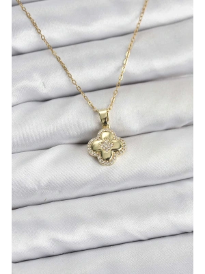 ® 316L Çelik Zincir Gold Renk Zirkon Taşlı Yonca Model Kadın Kolye