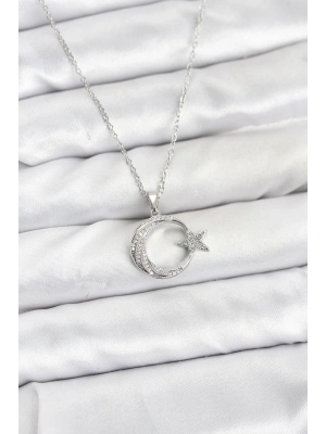 ® 316L Çelik Zincir Gümüş Renk Ay Yıldız Model Zirkon Taşlı Kadın Kolye