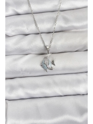 ® 316L Çelik Zincir Gümüş Renk Balık Model Zirkon Taşlı Kadın Kolye