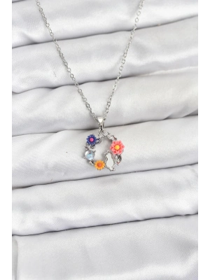 ® 316L Çelik Zincir Gümüş Renk Çiçekli Kedili Model Kadın Kolye