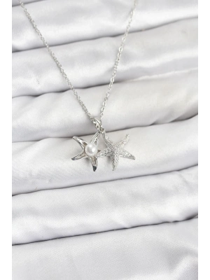 ® 316L Çelik Zincir Gümüş Renk Deniz Yıldızı Model Zirkon Taşlı Kadın Kolye