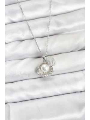 ® 316L Çelik Zincir Gümüş Renk İncili Deniz Kabuğu Model Zirkon Taşlı Kadın Kolye