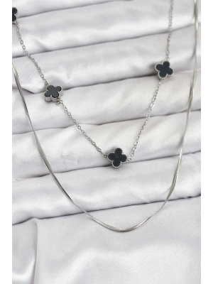 ® 316L Çelik Zincir Gümüş Renk İtalyan Zincirli Siyah Yonca Model Kadın Kolye