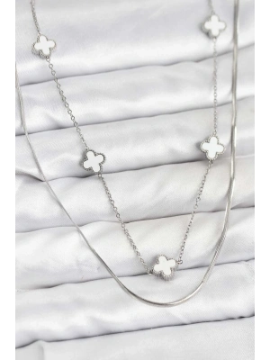 ® 316L Çelik Zincir Gümüş Renk İtalyan Zincirli Yonca Model Kadın Kolye