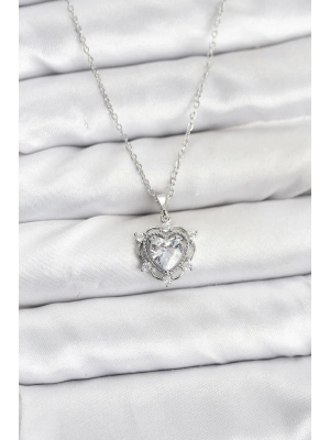 ® 316L Çelik Zincir Gümüş Renk Kalp Model Zirkon Taşlı Kadın Kolye
