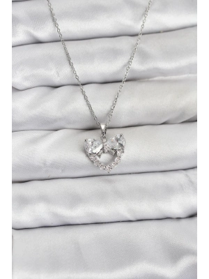 ® 316L Çelik Zincir Gümüş Renk Kalp ve Fiyonk Model Zirkon Taşlı Kadın Kolye