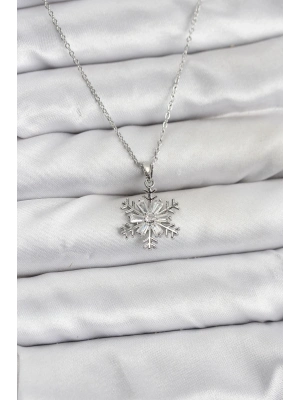 ® 316L Çelik Zincir Gümüş Renk Kar Tanesi Model Zirkon Taşlı Kadın Kolye