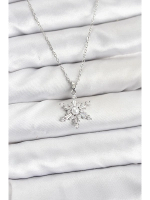 ® 316L Çelik Zincir Gümüş Renk Kar Tanesi Model Zirkon Taşlı Kadın Kolye