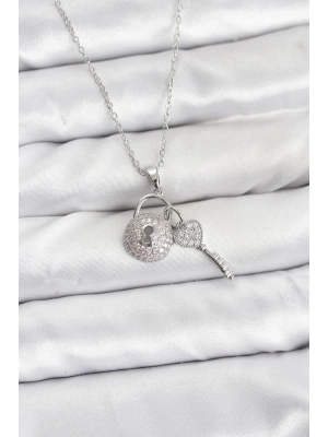 ® 316L Çelik Zincir Gümüş Renk Kilit Anahtar Model Zirkon Taşlı Kadın Kolye